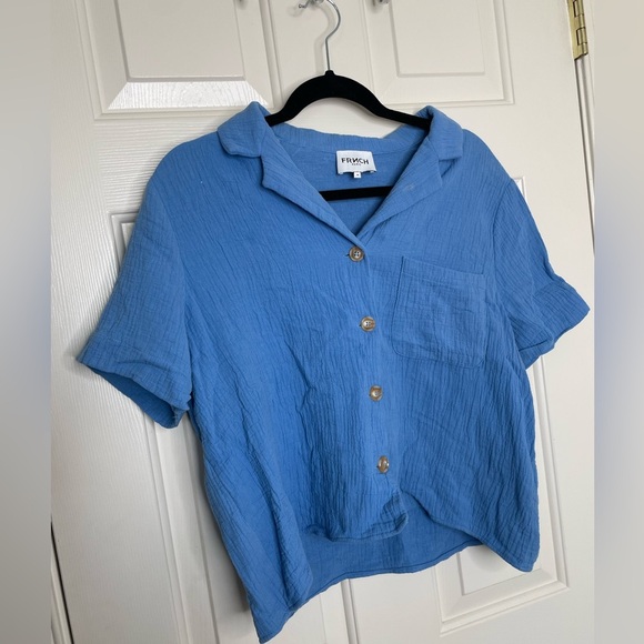 FRNCH PARIS blue crinkle textured button up collard crop top | M - Picture 2 of 11